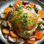 One pot poulet cookeo - the image shows a plate of roasted chicken with mushrooms and carrots. the chicken is golden brown and appears to be seasoned with herbs and spices. the mushrooms are sliced and arranged in a circular pattern around the chicken. the carrots are bright orange and are cut into small cubes. the dish is garnished with fresh parsley. the plate is sitting on a wooden table with a black napkin and a sprig of parsley in the background.