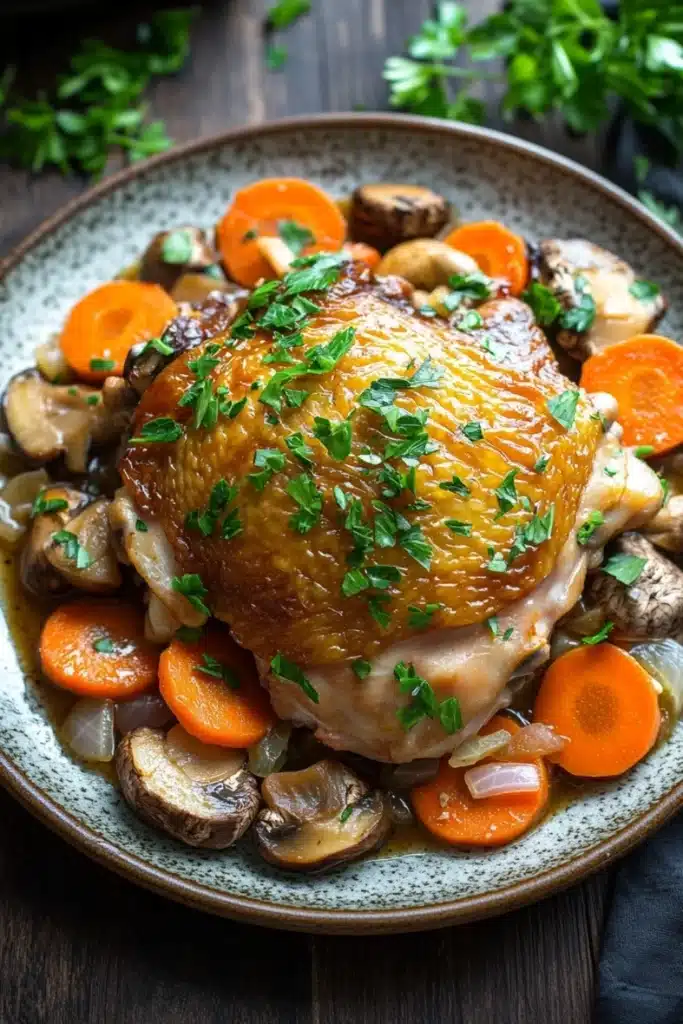 One pot poulet cookeo - the image shows a plate of roasted chicken with mushrooms and carrots. the chicken is golden brown and appears to be seasoned with herbs and spices. the mushrooms are sliced and arranged in a circular pattern around the chicken. the carrots are bright orange and are cut into small cubes. the dish is garnished with fresh parsley. the plate is sitting on a wooden table with a black napkin and a sprig of parsley in the background.