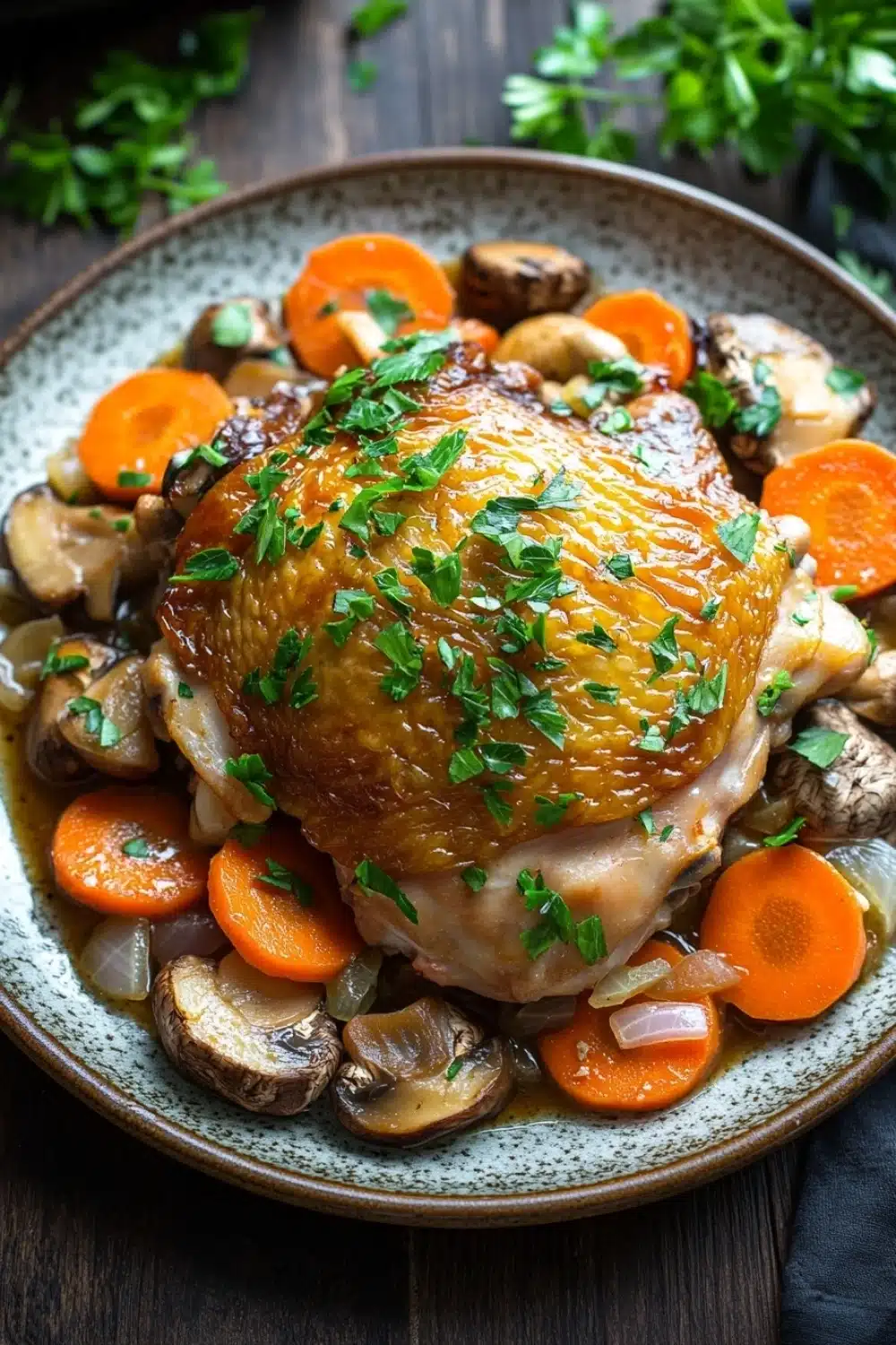 One pot poulet cookeo - the image shows a plate of roasted chicken with mushrooms and carrots. the chicken is golden brown and appears to be seasoned with herbs and spices. the mushrooms are sliced and arranged in a circular pattern around the chicken. the carrots are bright orange and are cut into small cubes. the dish is garnished with fresh parsley. the plate is sitting on a wooden table with a black napkin and a sprig of parsley in the background.