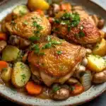 One pot poulet cookeo - the image shows a plate of food with two pieces of chicken and vegetables. the chicken is cooked in a rich, orange-brown sauce and is garnished with fresh herbs. the vegetables include potatoes, carrots, mushrooms, and onions. the plate is white with a blue rim and is sitting on a dark, textured surface. the dish appears to be freshly cooked and ready to eat.