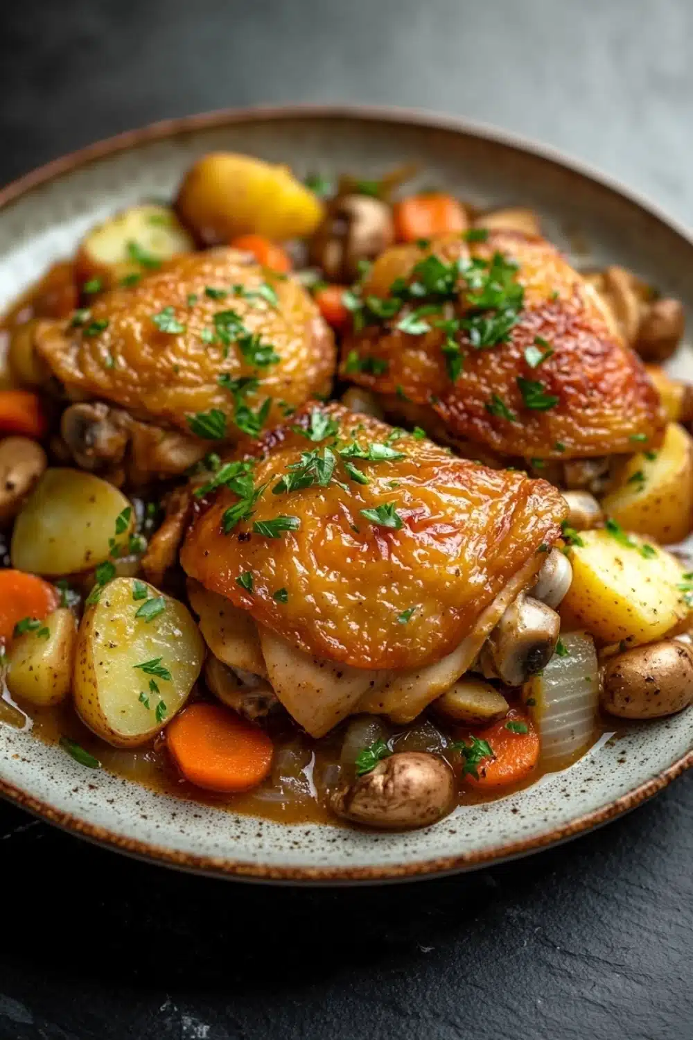 One pot poulet cookeo - the image shows a plate of food with two pieces of chicken and vegetables. the chicken is cooked in a rich, orange-brown sauce and is garnished with fresh herbs. the vegetables include potatoes, carrots, mushrooms, and onions. the plate is white with a blue rim and is sitting on a dark, textured surface. the dish appears to be freshly cooked and ready to eat.