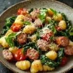 One pot sausage gnocchi - the image is a close-up of a plate of pasta salad. the plate is made of a light-colored ceramic bowl and is placed on a dark grey countertop. the pasta salad is made up of small gnocchi, cherry tomatoes, and spinach leaves. the tomatoes are bright red and appear to be ripe and juicy. the spinach leaves are a vibrant green color and are scattered throughout the dish. on top of the pasta, there are small chunks of sausage, which are arranged in a circular pattern. the dish is garnished with grated parmesan cheese. the overall appearance of the dish is fresh and appetizing.
