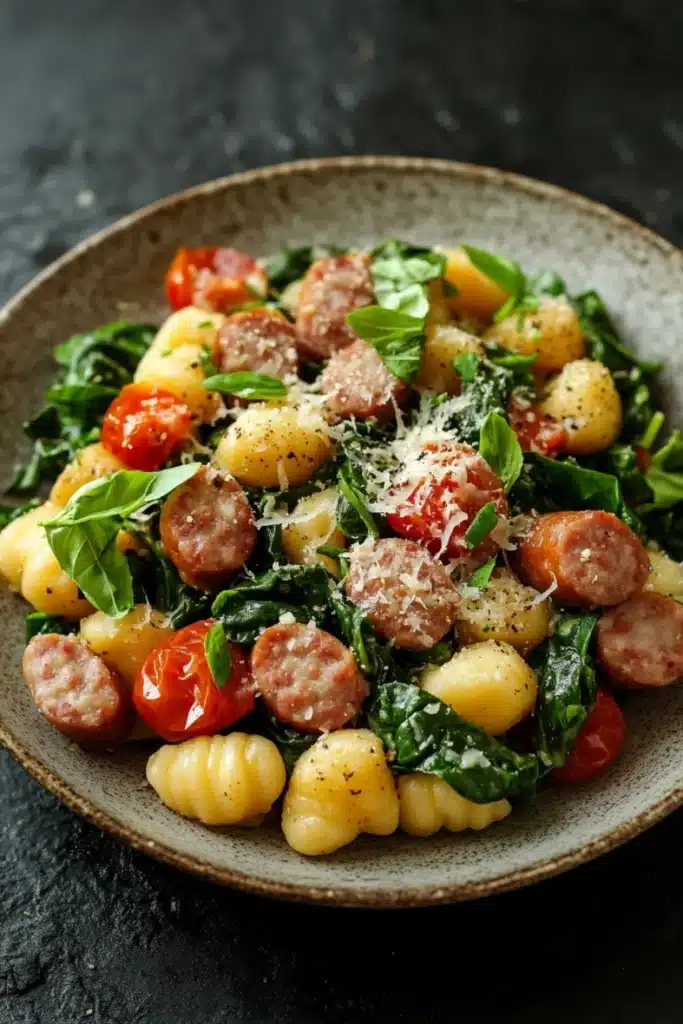 One pot sausage gnocchi - the image is a close-up of a plate of pasta salad. the plate is made of a light-colored ceramic bowl and is placed on a dark grey countertop. the pasta salad is made up of small gnocchi, cherry tomatoes, and spinach leaves. the tomatoes are bright red and appear to be ripe and juicy. the spinach leaves are a vibrant green color and are scattered throughout the dish. on top of the pasta, there are small chunks of sausage, which are arranged in a circular pattern. the dish is garnished with grated parmesan cheese. the overall appearance of the dish is fresh and appetizing.