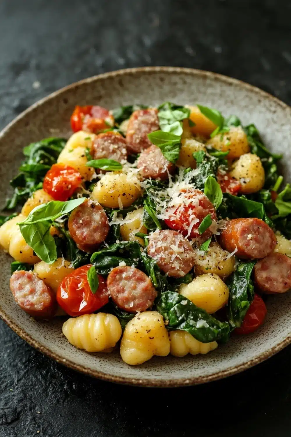 One pot sausage gnocchi - the image is a close-up of a plate of pasta salad. the plate is made of a light-colored ceramic bowl and is placed on a dark grey countertop. the pasta salad is made up of small gnocchi, cherry tomatoes, and spinach leaves. the tomatoes are bright red and appear to be ripe and juicy. the spinach leaves are a vibrant green color and are scattered throughout the dish. on top of the pasta, there are small chunks of sausage, which are arranged in a circular pattern. the dish is garnished with grated parmesan cheese. the overall appearance of the dish is fresh and appetizing.