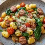 One pot sausage gnocchi - the image is a close-up of a dish in a gray bowl. the dish appears to be a pasta dish with gnocchi, cherry tomatoes, and spinach. the gnocchinis are yellow and appear to be cooked until they are soft and fluffy. the cherry tomatoes are bright red and look ripe and juicy. the spinach is a vibrant green color and is scattered throughout the dish. on top of the dish, there is a sprinkle of parmesan cheese. the bowl is sitting on a wooden table with a few sprigs of fresh basil scattered around it.