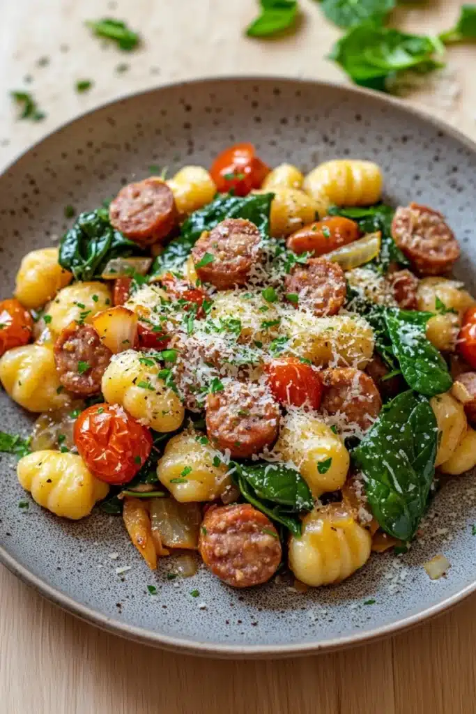 One pot sausage gnocchi - the image is a close-up of a dish in a gray bowl. the dish appears to be a pasta dish with gnocchi, cherry tomatoes, and spinach. the gnocchinis are yellow and appear to be cooked until they are soft and fluffy. the cherry tomatoes are bright red and look ripe and juicy. the spinach is a vibrant green color and is scattered throughout the dish. on top of the dish, there is a sprinkle of parmesan cheese. the bowl is sitting on a wooden table with a few sprigs of fresh basil scattered around it.