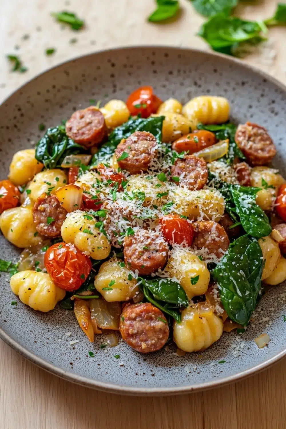 One pot sausage gnocchi - the image is a close-up of a dish in a gray bowl. the dish appears to be a pasta dish with gnocchi, cherry tomatoes, and spinach. the gnocchinis are yellow and appear to be cooked until they are soft and fluffy. the cherry tomatoes are bright red and look ripe and juicy. the spinach is a vibrant green color and is scattered throughout the dish. on top of the dish, there is a sprinkle of parmesan cheese. the bowl is sitting on a wooden table with a few sprigs of fresh basil scattered around it.