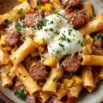 One pot ziti with sausage - the image is a close-up of a plate of pasta dish. the pasta appears to be penne, which is a type of penne pasta, and it is cooked in a tomato-based sauce with chunks of sausage, corn, and other vegetables. the dish is garnished with chopped herbs and a dollop of sour cream on top. the plate is made of ceramic and is sitting on a wooden table. the overall color scheme of the dish is warm and inviting.