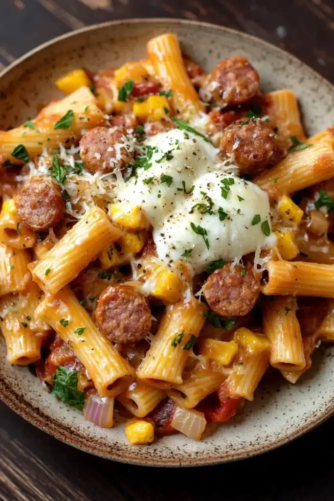 One pot ziti with sausage - the image is a close-up of a plate of pasta dish. the pasta appears to be penne, which is a type of penne pasta, and it is cooked in a tomato-based sauce with chunks of sausage, corn, and other vegetables. the dish is garnished with chopped herbs and a dollop of sour cream on top. the plate is made of ceramic and is sitting on a wooden table. the overall color scheme of the dish is warm and inviting.