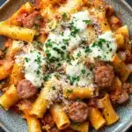 One pot ziti with sausage - the image is a close-up of a plate of pasta dish. the pasta appears to be penne, which is a type of penne pasta, and it is cooked in a tomato-based sauce with chunks of sausage and tomato sauce. the dish is garnished with a sprinkle of parmesan cheese and fresh herbs. the plate is made of a light-colored ceramic bowl with a dark grey rim. the background is dark, making the colors of the dish stand out.
