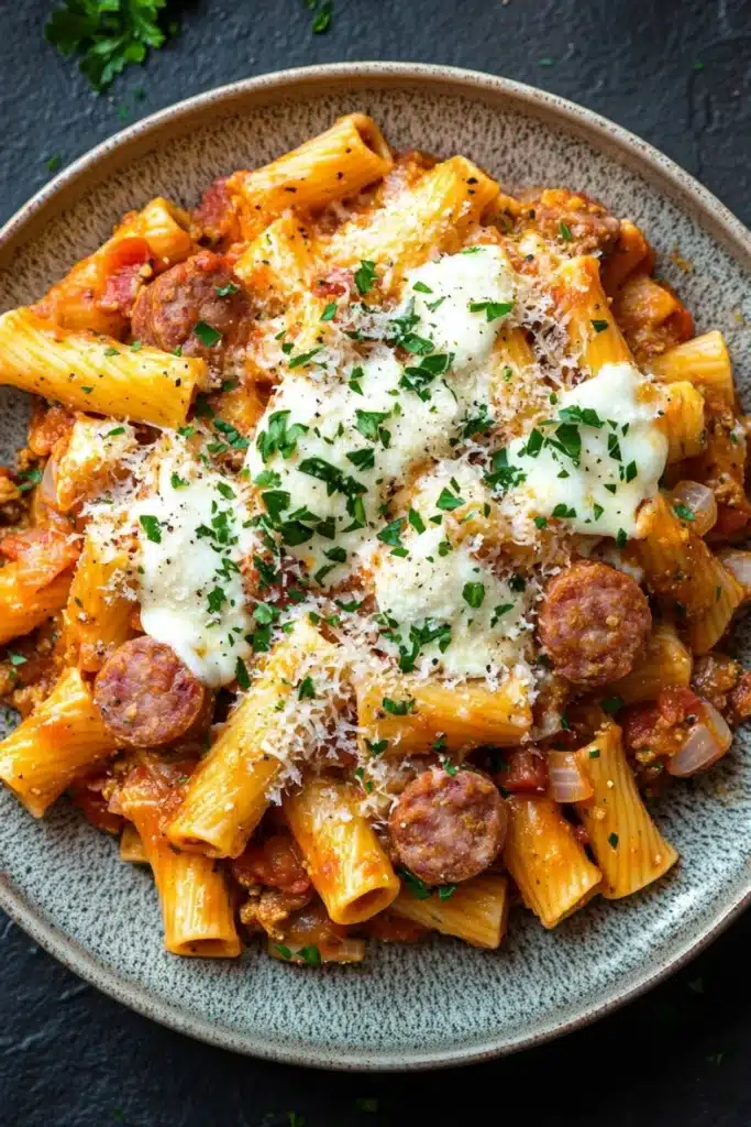 One pot ziti with sausage - the image is a close-up of a plate of pasta dish. the pasta appears to be penne, which is a type of penne pasta, and it is cooked in a tomato-based sauce with chunks of sausage and tomato sauce. the dish is garnished with a sprinkle of parmesan cheese and fresh herbs. the plate is made of a light-colored ceramic bowl with a dark grey rim. the background is dark, making the colors of the dish stand out.