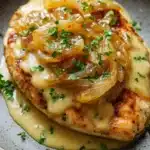 One skillet creamy french onion chicken - the image shows a plate of food, specifically a dish of chicken breasts covered in a creamy sauce. the chicken breasts are golden brown and appear to be seasoned with herbs and spices. the sauce is a light yellow color and is drizzled over the top of the chicken breasts. there are also slices of caramelized onions scattered on top, adding a pop of color to the dish. the plate is brown and has a textured surface. the background is blurred, but it appears to be a white tablecloth.