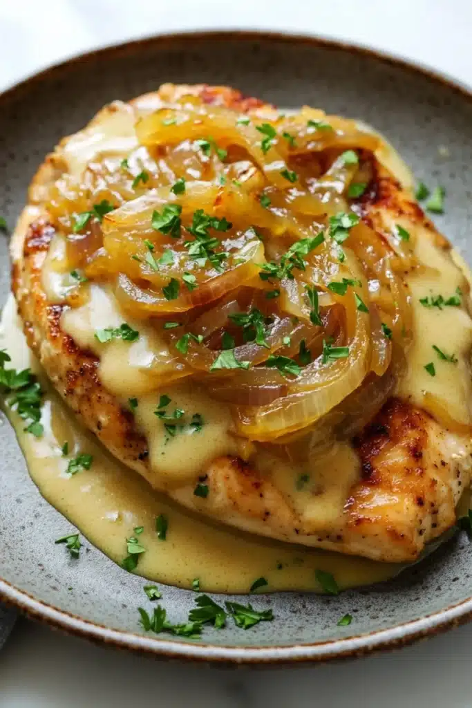 One skillet creamy french onion chicken - the image shows a plate of food, specifically a dish of chicken breasts covered in a creamy sauce. the chicken breasts are golden brown and appear to be seasoned with herbs and spices. the sauce is a light yellow color and is drizzled over the top of the chicken breasts. there are also slices of caramelized onions scattered on top, adding a pop of color to the dish. the plate is brown and has a textured surface. the background is blurred, but it appears to be a white tablecloth.