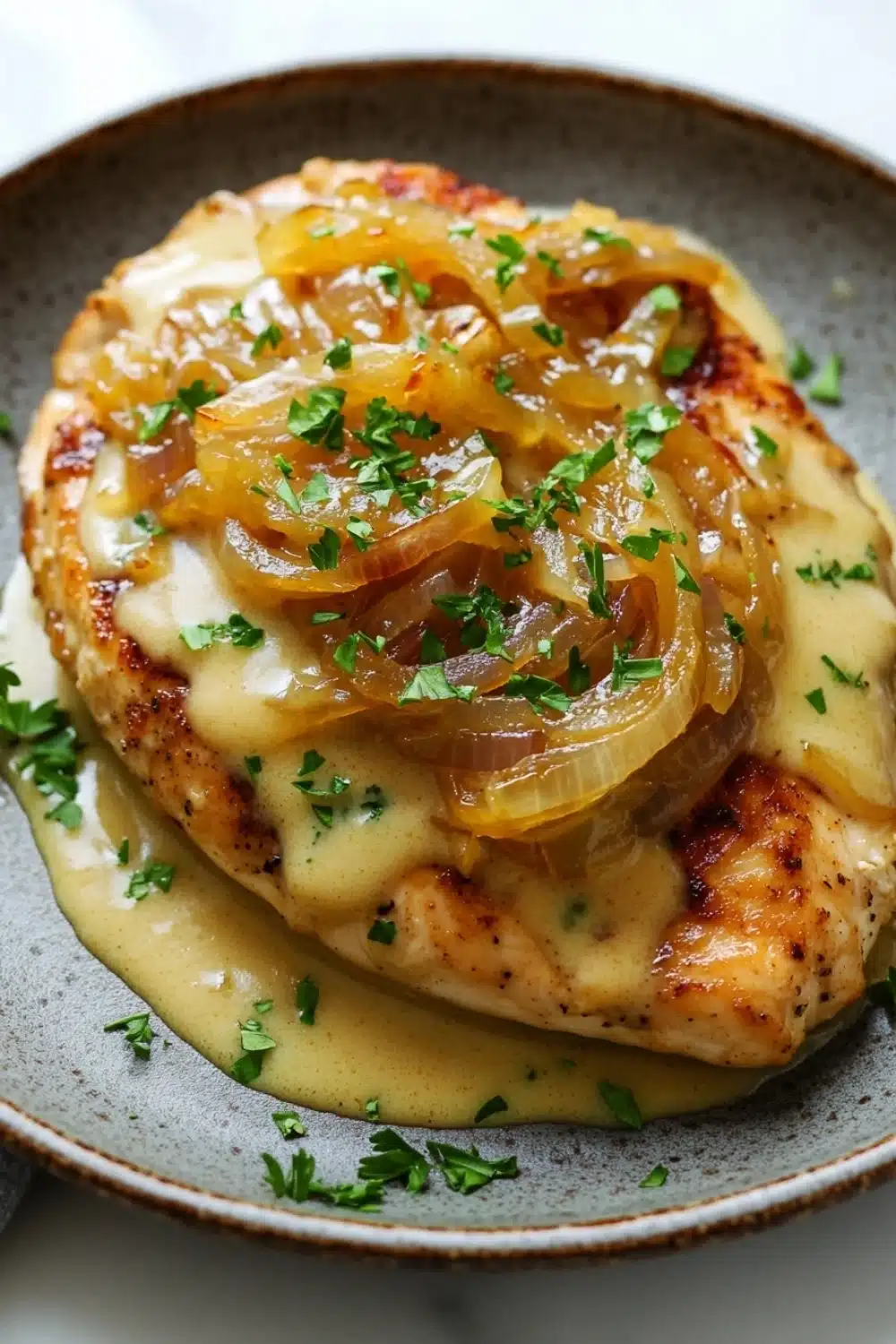 One skillet creamy french onion chicken - the image shows a plate of food, specifically a dish of chicken breasts covered in a creamy sauce. the chicken breasts are golden brown and appear to be seasoned with herbs and spices. the sauce is a light yellow color and is drizzled over the top of the chicken breasts. there are also slices of caramelized onions scattered on top, adding a pop of color to the dish. the plate is brown and has a textured surface. the background is blurred, but it appears to be a white tablecloth.
