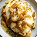 One skillet creamy french onion chicken - the image shows a plate of food, specifically a dish of chicken breasts covered in a creamy sauce. the chicken breasts are golden brown and appear to be seasoned with herbs and spices. the sauce is a light yellow color and is drizzled over the top of the chicken breasts. there are also slices of caramelized onions scattered throughout the dish, adding a pop of color and texture. the plate is made of a light-colored ceramic with a speckled pattern. the background is a white marble countertop.
