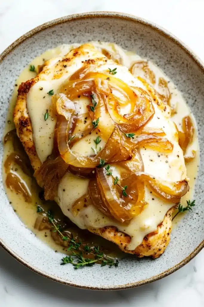 One skillet creamy french onion chicken - the image shows a plate of food, specifically a dish of chicken breasts covered in a creamy sauce. the chicken breasts are golden brown and appear to be seasoned with herbs and spices. the sauce is a light yellow color and is drizzled over the top of the chicken breasts. there are also slices of caramelized onions scattered throughout the dish, adding a pop of color and texture. the plate is made of a light-colored ceramic with a speckled pattern. the background is a white marble countertop.