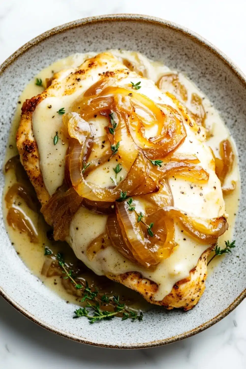 One skillet creamy french onion chicken - the image shows a plate of food, specifically a dish of chicken breasts covered in a creamy sauce. the chicken breasts are golden brown and appear to be seasoned with herbs and spices. the sauce is a light yellow color and is drizzled over the top of the chicken breasts. there are also slices of caramelized onions scattered throughout the dish, adding a pop of color and texture. the plate is made of a light-colored ceramic with a speckled pattern. the background is a white marble countertop.