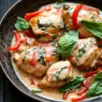 Oneskillet creamy thai basil chicken delish - the image shows a close-up of a dish in a black bowl. the dish appears to be a type of chicken or chicken dish, with chunks of chicken covered in a creamy sauce. the sauce is garnished with fresh basil leaves and red bell peppers. the chicken is cooked to a golden brown color and looks crispy on the outside. the bowl is sitting on a wooden table, and the background is blurred, making the dish the focal point of the image.