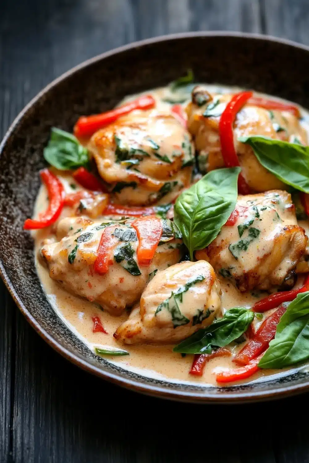 Oneskillet creamy thai basil chicken delish - the image shows a close-up of a dish in a black bowl. the dish appears to be a type of chicken or chicken dish, with chunks of chicken covered in a creamy sauce. the sauce is garnished with fresh basil leaves and red bell peppers. the chicken is cooked to a golden brown color and looks crispy on the outside. the bowl is sitting on a wooden table, and the background is blurred, making the dish the focal point of the image.