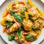 Oneskillet creamy thai basil chicken delish - the image shows a plate of food with a creamy orange-colored sauce on top. the sauce appears to be a type of curry or stew, with chunks of chicken and vegetables mixed in. the dish is garnished with fresh basil leaves and sliced red and yellow bell peppers. the plate is white with a light brown rim and is placed on a white marble countertop. there are a few basil leaves scattered around the plate, adding a pop of green color to the dish.