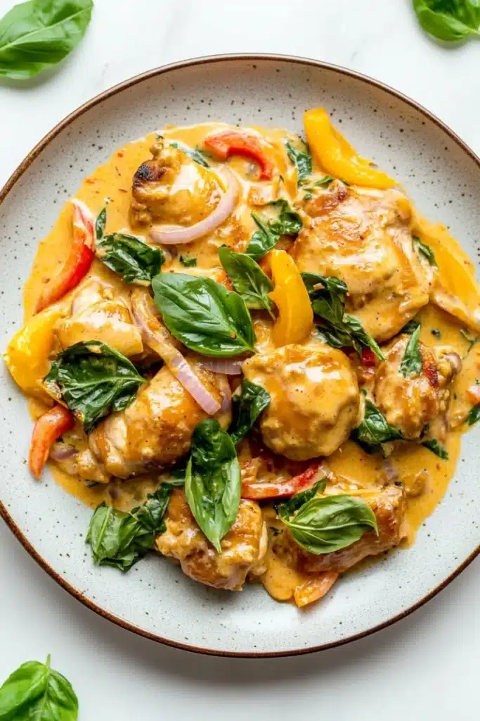 Oneskillet creamy thai basil chicken delish - the image shows a plate of food with a creamy orange-colored sauce on top. the sauce appears to be a type of curry or stew, with chunks of chicken and vegetables mixed in. the dish is garnished with fresh basil leaves and sliced red and yellow bell peppers. the plate is white with a light brown rim and is placed on a white marble countertop. there are a few basil leaves scattered around the plate, adding a pop of green color to the dish.