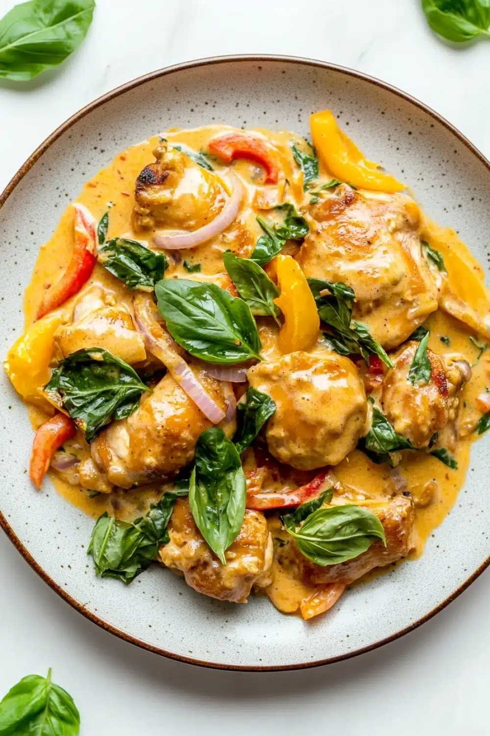 Oneskillet creamy thai basil chicken delish - the image shows a plate of food with a creamy orange-colored sauce on top. the sauce appears to be a type of curry or stew, with chunks of chicken and vegetables mixed in. the dish is garnished with fresh basil leaves and sliced red and yellow bell peppers. the plate is white with a light brown rim and is placed on a white marble countertop. there are a few basil leaves scattered around the plate, adding a pop of green color to the dish.