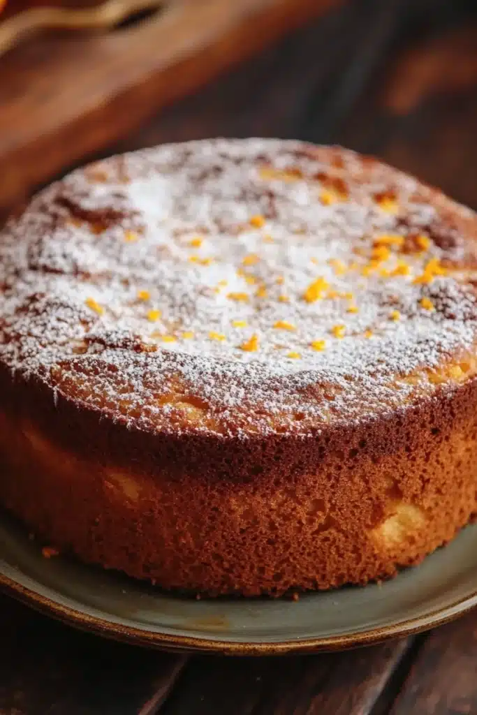 Orange french yogurt cake - the image is a close-up of a round cake on a green plate. the cake appears to be a chocolate cake with a golden brown crust and a layer of orange zest on top. the top of the cake is dusted with a light dusting of powdered sugar. the plate is sitting on a wooden table with a wooden cutting board in the background. the overall mood of the image is warm and inviting.