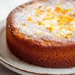 Orange french yogurt cake - the image is of a round cake on a white plate. the cake appears to be freshly baked and has a golden brown color. it is dusted with a light dusting of powdered sugar, giving it a shiny appearance. on top of the cake, there are small orange slices scattered across the surface, adding a pop of color to the dish. the plate is sitting on a marble countertop.