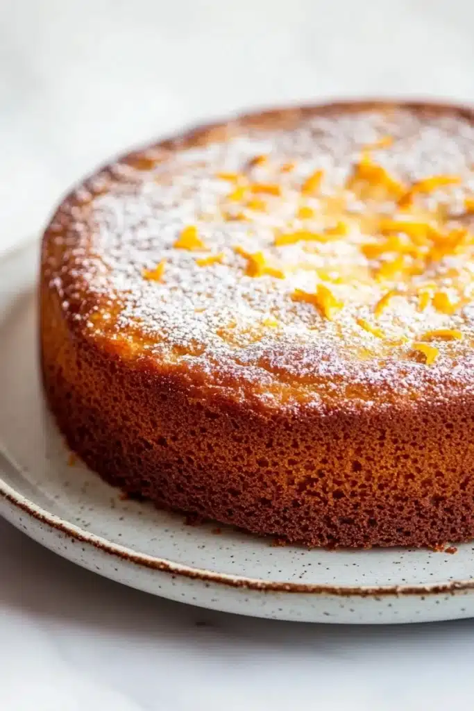 Orange french yogurt cake - the image is of a round cake on a white plate. the cake appears to be freshly baked and has a golden brown color. it is dusted with a light dusting of powdered sugar, giving it a shiny appearance. on top of the cake, there are small orange slices scattered across the surface, adding a pop of color to the dish. the plate is sitting on a marble countertop.