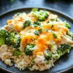 Oven baked chicken broccoli rice casserole - the image shows a plate of food with a serving of rice and broccoli. the rice is white and fluffy, and the broccoli is bright green. on top of the rice, there is a layer of orange-colored cheese, which appears to be melted and bubbly. the cheese is garnished with chopped parsley. the plate is black and has a textured surface. in the background, there are a few whole broccoli and a few garlic cloves scattered around. the overall color scheme of the image is warm and inviting.
