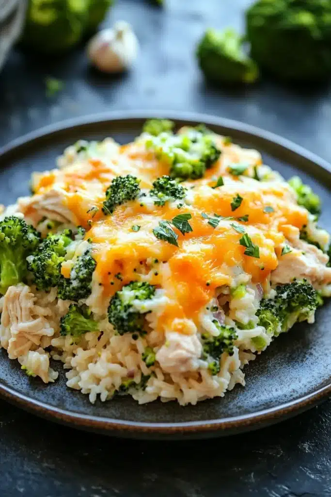 Oven baked chicken broccoli rice casserole - the image shows a plate of food with a serving of rice and broccoli. the rice is white and fluffy, and the broccoli is bright green. on top of the rice, there is a layer of orange-colored cheese, which appears to be melted and bubbly. the cheese is garnished with chopped parsley. the plate is black and has a textured surface. in the background, there are a few whole broccoli and a few garlic cloves scattered around. the overall color scheme of the image is warm and inviting.