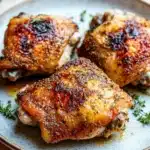 Oven baked chicken thighs savory - the image shows three pieces of grilled chicken on a blue and white plate. the chicken appears to be seasoned with herbs and spices, giving it a golden brown color. the plate is garnished with a sprig of fresh thyme, adding a pop of green color to the dish. the background is blurred, making the chicken the focal point of the image.