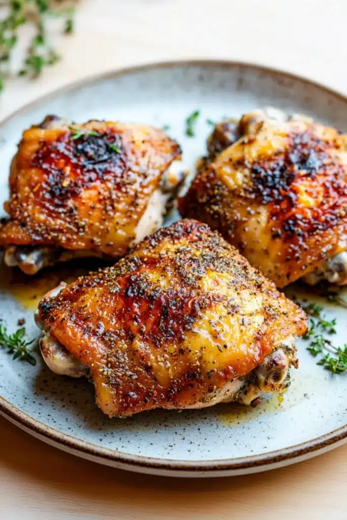 Oven baked chicken thighs savory - the image shows three pieces of grilled chicken on a blue and white plate. the chicken appears to be seasoned with herbs and spices, giving it a golden brown color. the plate is garnished with a sprig of fresh thyme, adding a pop of green color to the dish. the background is blurred, making the chicken the focal point of the image.