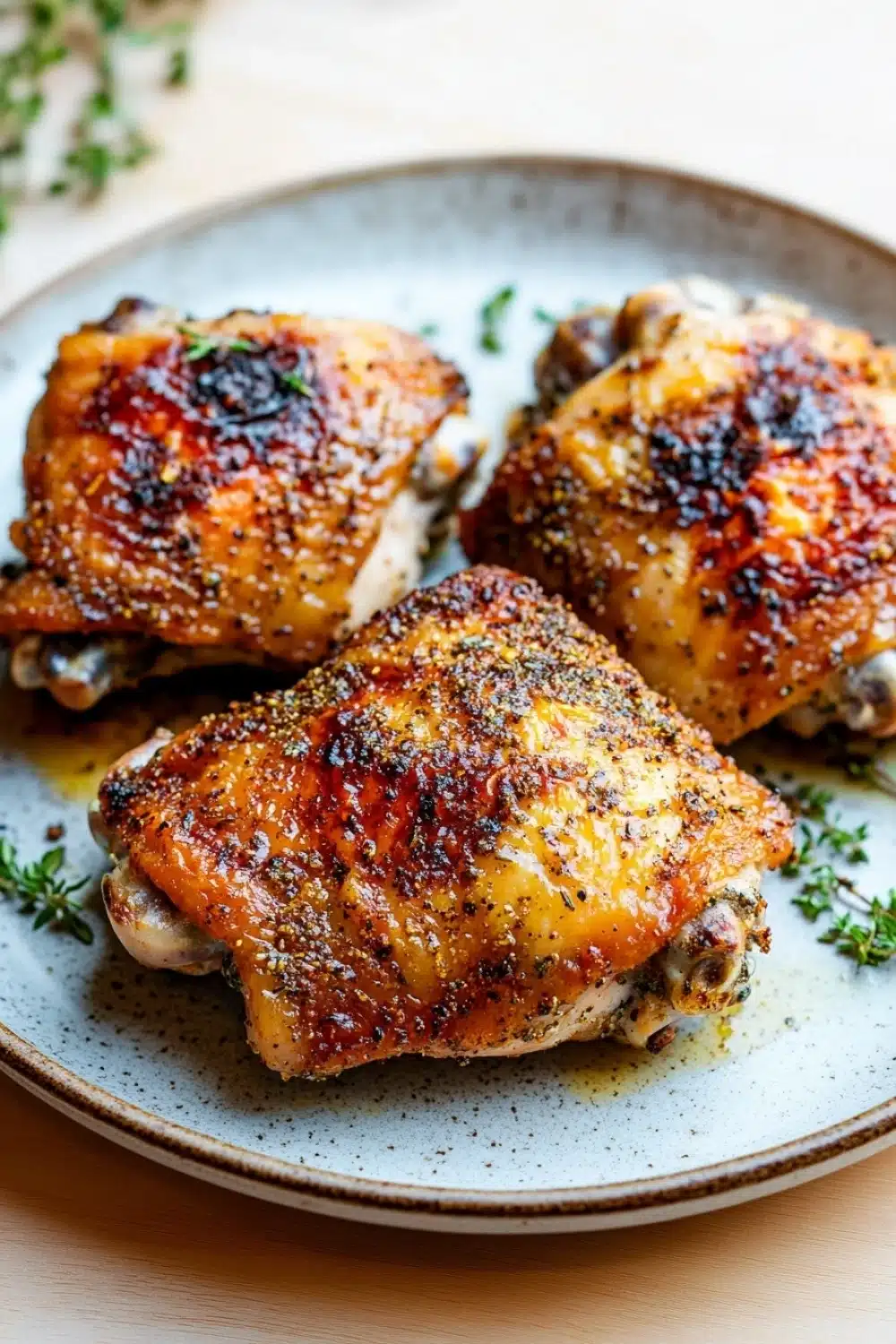 Oven baked chicken thighs savory - the image shows three pieces of grilled chicken on a blue and white plate. the chicken appears to be seasoned with herbs and spices, giving it a golden brown color. the plate is garnished with a sprig of fresh thyme, adding a pop of green color to the dish. the background is blurred, making the chicken the focal point of the image.