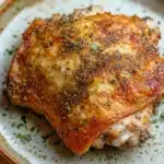 Oven baked chicken thighs savory - the image shows a plate of food, specifically a piece of grilled chicken. the chicken is golden brown and appears to be seasoned with herbs and spices. the plate is white with a light blue rim and is sitting on a wooden table. there are a few sprigs of green herbs scattered around the plate, adding a pop of color to the dish. the background is blurred, but it seems to be a kitchen countertop.