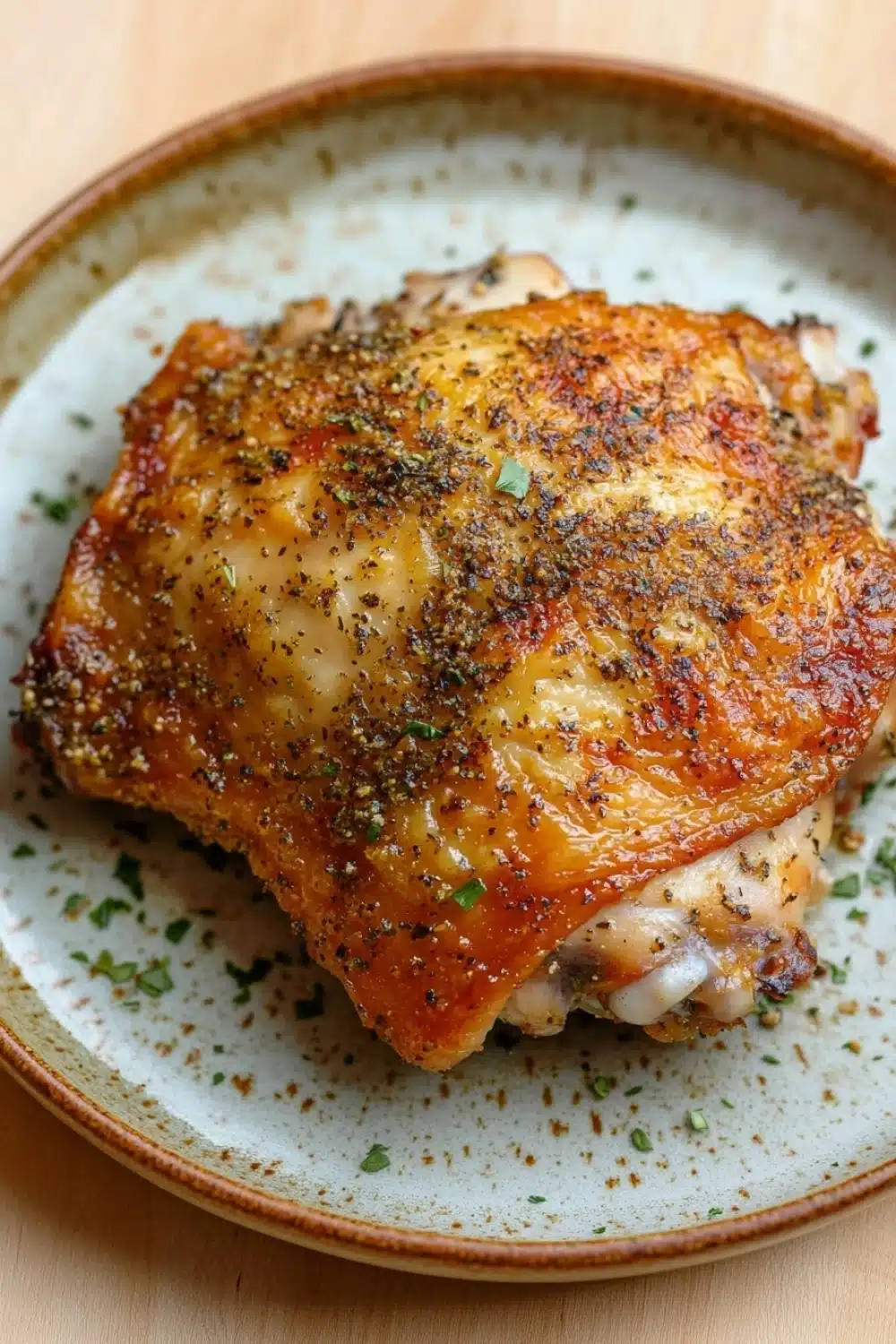 Oven baked chicken thighs savory - the image shows a plate of food, specifically a piece of grilled chicken. the chicken is golden brown and appears to be seasoned with herbs and spices. the plate is white with a light blue rim and is sitting on a wooden table. there are a few sprigs of green herbs scattered around the plate, adding a pop of color to the dish. the background is blurred, but it seems to be a kitchen countertop.