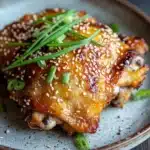 Oven baked korean chicken thighs - the image shows a plate of food with a piece of chicken covered in sesame seeds. the chicken appears to be cooked and has a golden brown color. on top of the chicken, there are a few sprigs of green onions scattered around the plate. the plate is white with a brown rim and is sitting on a wooden table. the background is blurred, but it seems to be a rustic kitchen countertop.