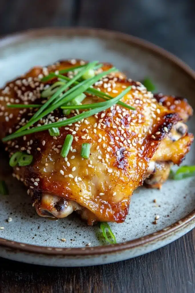 Oven baked korean chicken thighs - the image shows a plate of food with a piece of chicken covered in sesame seeds. the chicken appears to be cooked and has a golden brown color. on top of the chicken, there are a few sprigs of green onions scattered around the plate. the plate is white with a brown rim and is sitting on a wooden table. the background is blurred, but it seems to be a rustic kitchen countertop.