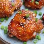 Oven baked korean chicken thighs - the image shows a plate of grilled chicken wings with sesame seeds on top. the wings are golden brown and appear to be seasoned with herbs and spices. the plate is white with a light blue speckled pattern and is garnished with chopped green onions. the background is blurred, but it appears to be a wooden table.