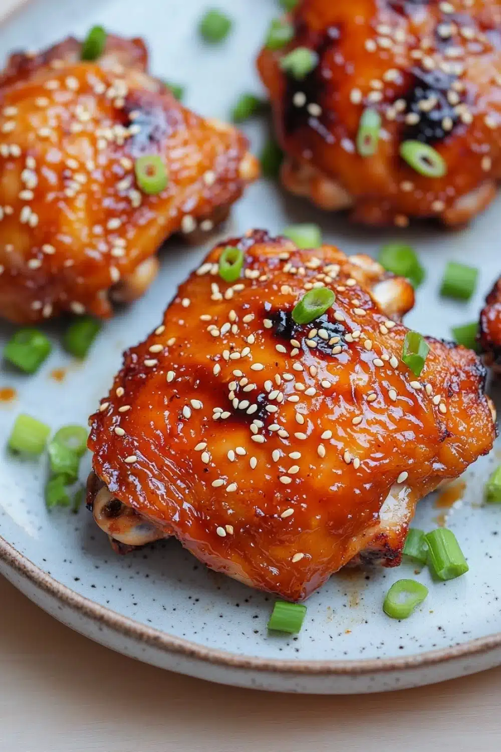 Oven baked korean chicken thighs - the image shows a plate of grilled chicken wings with sesame seeds on top. the wings are golden brown and appear to be seasoned with herbs and spices. the plate is white with a light blue speckled pattern and is garnished with chopped green onions. the background is blurred, but it appears to be a wooden table.