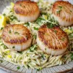 Pan seared scallops with orzo - the image shows a plate of cooked scallops on top of a bed of fusilli pasta. the scalls are golden brown and appear to be seasoned with herbs and spices. the pasta is a light yellow color and is scattered throughout the dish. there are also a few lemon wedges on the side of the plate. the plate is sitting on a white tablecloth and there is a fork resting on the right side.
