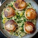 Pan seared scallops with orzo - the image shows a plate of cooked scallops on top of a bed of fusilli pasta. the plate is made of a light-colored ceramic bowl with a speckled pattern. the scallop shells are golden brown and appear to be seasoned with herbs and spices. the pasta is a mix of yellow and white, and there are small pieces of lemon scattered throughout the dish. there are also a few sprigs of parsley scattered around the plate, adding a pop of green color to the dish and a slice of lemon on the side. a fork and knife are placed on the wooden table next to the plate.