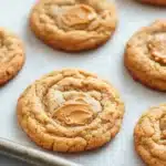 Peanut butter cookie no butter - the image shows a baking tray lined with freshly baked peanut butter cookies. the cookies are round and golden brown in color, with a swirl pattern on top. they are arranged in a single layer on the tray, with some overlapping each other. the tray is placed on a white marble countertop. the background is blurred, but it appears to be a kitchen countertop with more cookies scattered around.