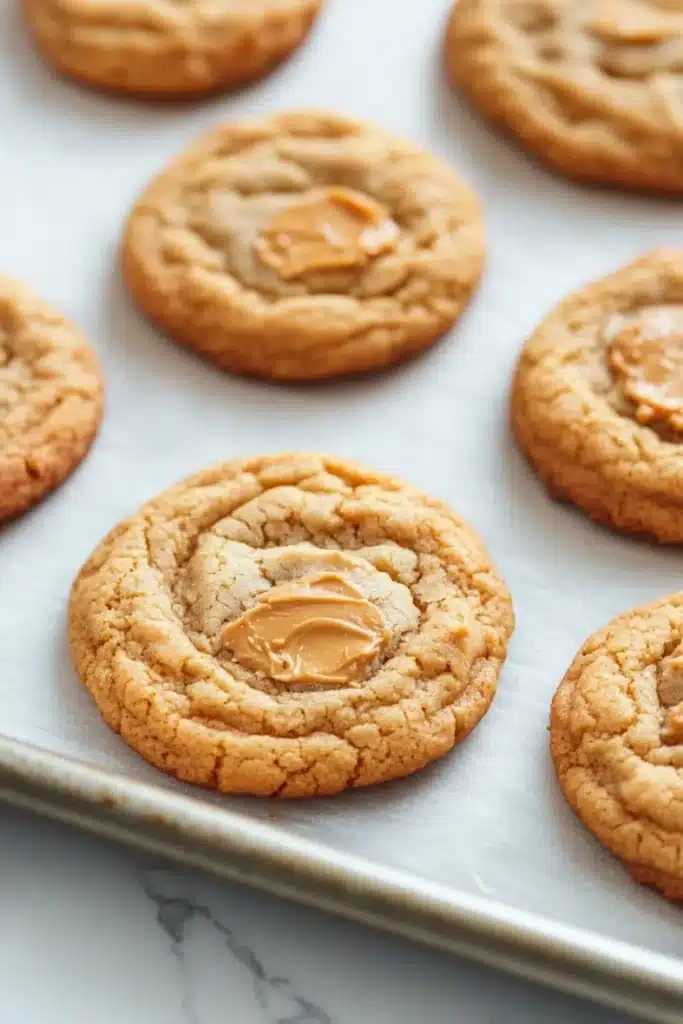 Peanut butter cookie no butter - the image shows a baking tray lined with freshly baked peanut butter cookies. the cookies are round and golden brown in color, with a swirl pattern on top. they are arranged in a single layer on the tray, with some overlapping each other. the tray is placed on a white marble countertop. the background is blurred, but it appears to be a kitchen countertop with more cookies scattered around.