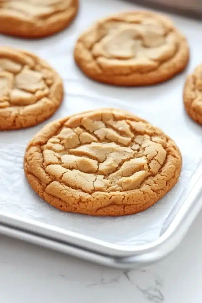 Peanut butter cookie no butter - the image shows a tray of freshly baked peanut butter cookies. the cookies are round and golden brown in color, with a criss-cross pattern on top. they are arranged in a single layer on a white parchment paper lined baking tray. the tray is placed on a marble countertop. the background is blurred, but it appears to be a kitchen countertop with other baking utensils visible.