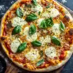 Pellet grill cast iron pizza - the image is of a freshly baked pizza on a wooden cutting board. the pizza is round and has a golden brown crust. it is topped with melted cheese, red sauce, and fresh basil leaves. the cheese is melted and bubbly, and there are small bits of herbs scattered throughout the pizza. the cutting board is placed on a dark grey countertop with a few sprigs of basil scattered around it. the overall aesthetic of the image is rustic and appetizing.
