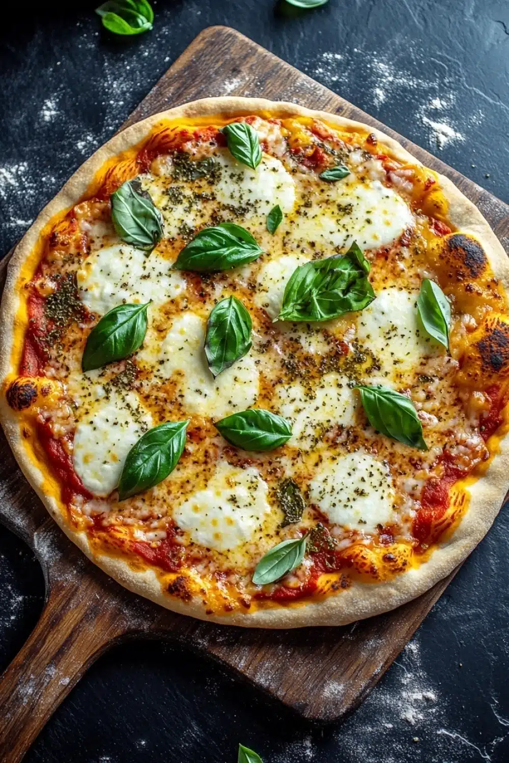 Pellet grill cast iron pizza - the image is of a freshly baked pizza on a wooden cutting board. the pizza is round and has a golden brown crust. it is topped with melted cheese, red sauce, and fresh basil leaves. the cheese is melted and bubbly, and there are small bits of herbs scattered throughout the pizza. the cutting board is placed on a dark grey countertop with a few sprigs of basil scattered around it. the overall aesthetic of the image is rustic and appetizing.