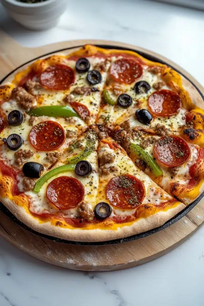 Pellet grill cast iron pizza - the image is of a large pepperoni pizza on a wooden cutting board. the pizza is round and has a golden brown crust. it is topped with sliced pepperoni, black olives, and green bell peppers. there are also small pieces of sausage scattered throughout the pizza. the cutting board is placed on a white marble countertop. in the background, there is a small bowl of pesto sauce.