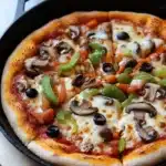 Pizza on cast iron pizza pan - the image shows a large pizza in a black cast iron skillet. the pizza is topped with melted cheese, sliced mushrooms, green bell peppers, and black olives. the skillet is sitting on a wooden cutting board. the background is a white countertop.