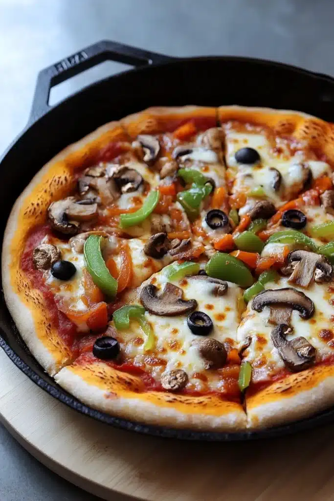 Pizza on cast iron pizza pan - the image shows a large pizza in a black cast iron skillet. the pizza is topped with melted cheese, sliced mushrooms, green bell peppers, and black olives. the skillet is sitting on a wooden cutting board. the background is a white countertop.